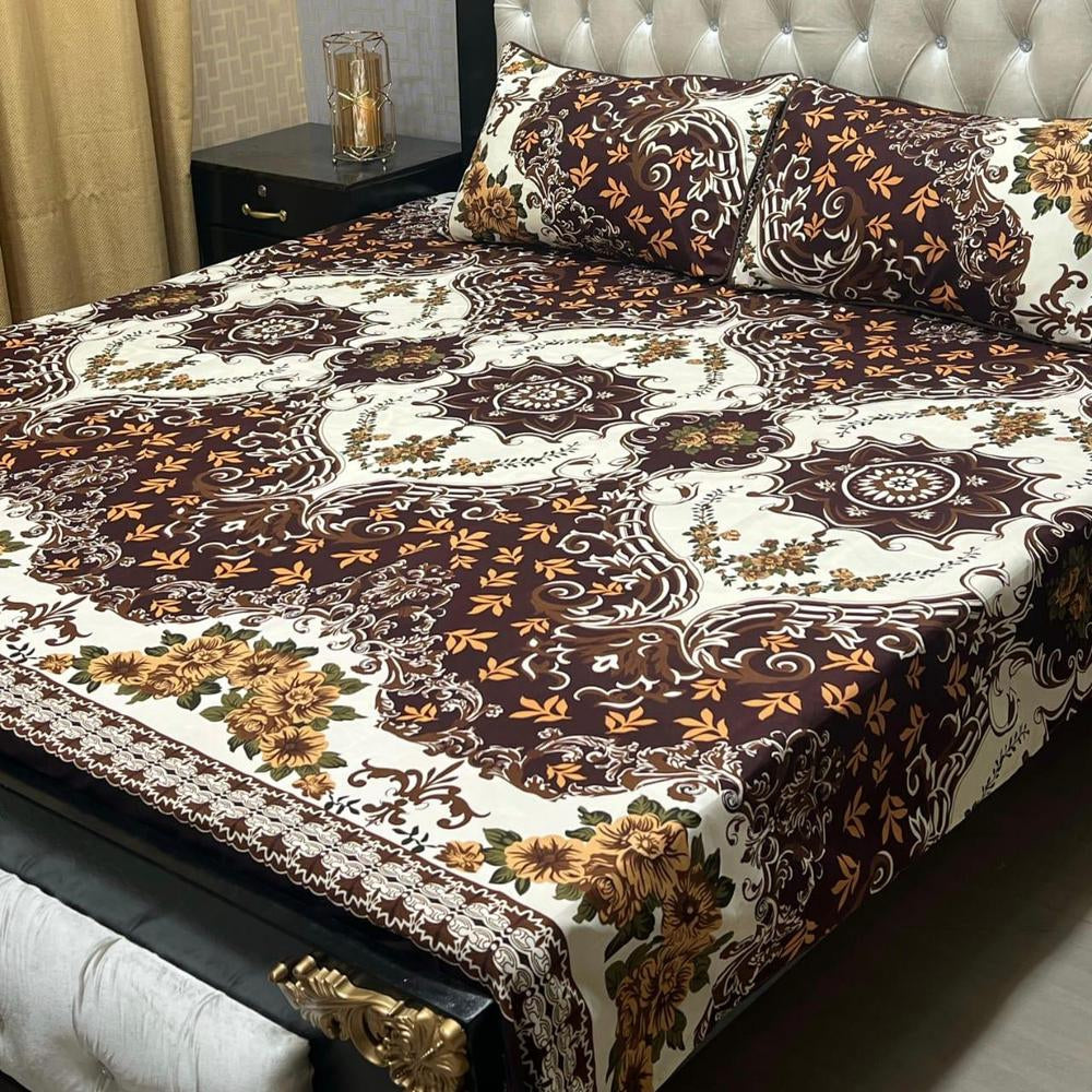 3 Pcs Crystal Cotton Printed Double Bedsheet