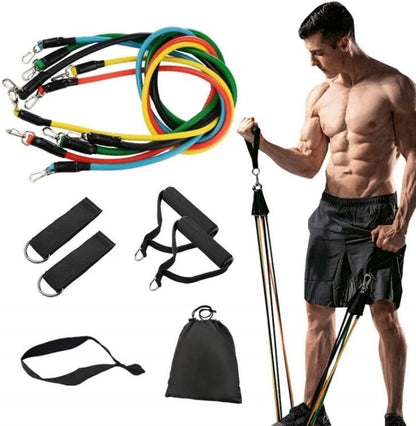 Resistance band set with a man using them for exercise.