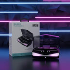 Damix Playgames M28 wireless earbuds with charging case and packaging against a neon background