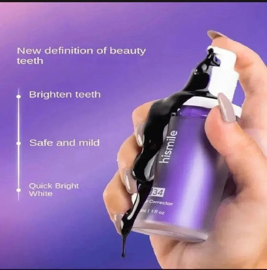 Hismile V34 Color Corrector teeth whitening serum in a purple bottle with purple background